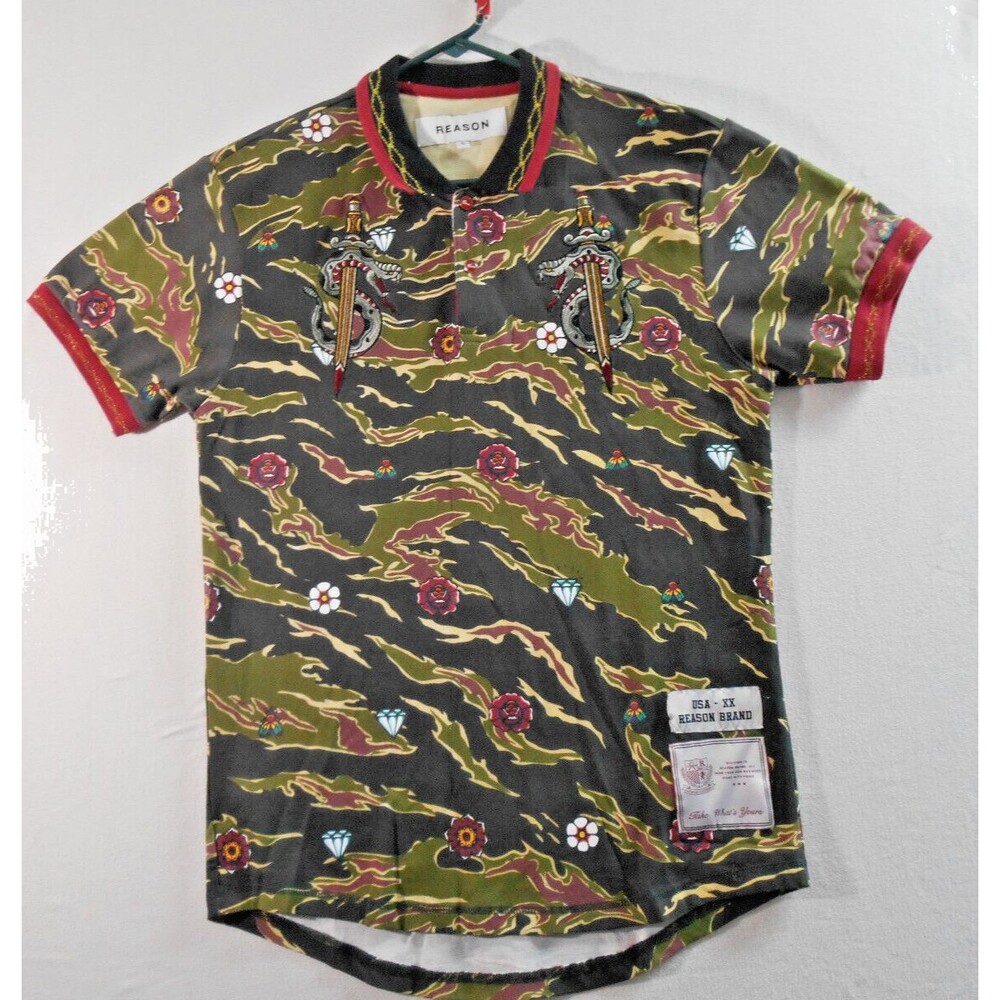 Reason Polo Shirt Mens S Green Snake Sword Embroidered Preppy Flashy Streetwear